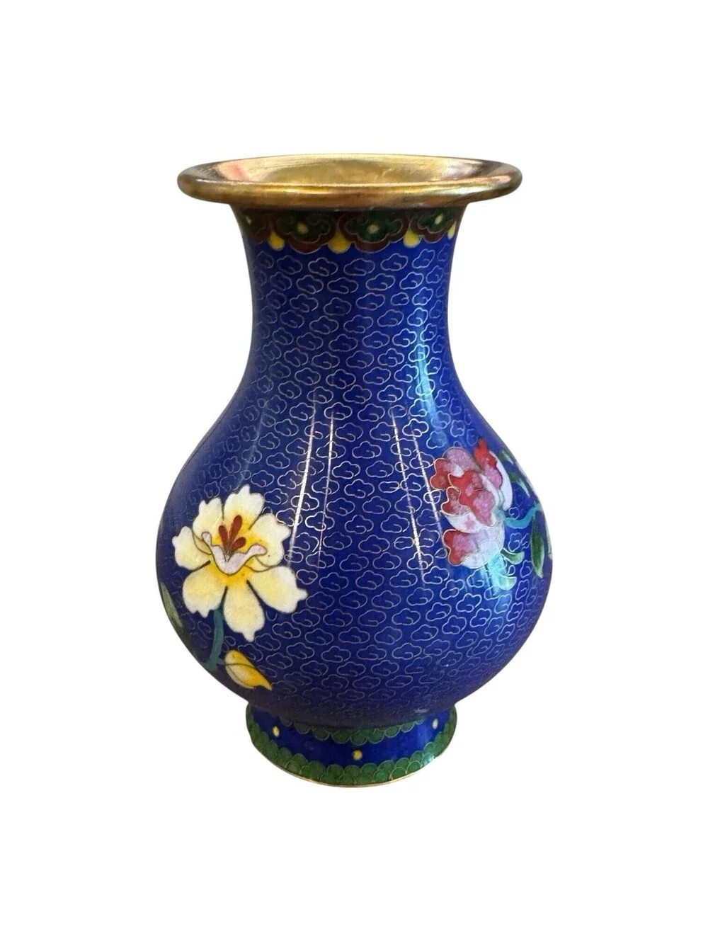 Vintage Chinese Cloisonné Vase Blue Enamel Floral Brass 6 Inch Decorative